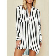 Chiffon Striped Printed Long Sleeve V-neck Shirt Dresses Chiffon Striped Printed Long Sleeve V-neck Shirt Dresses